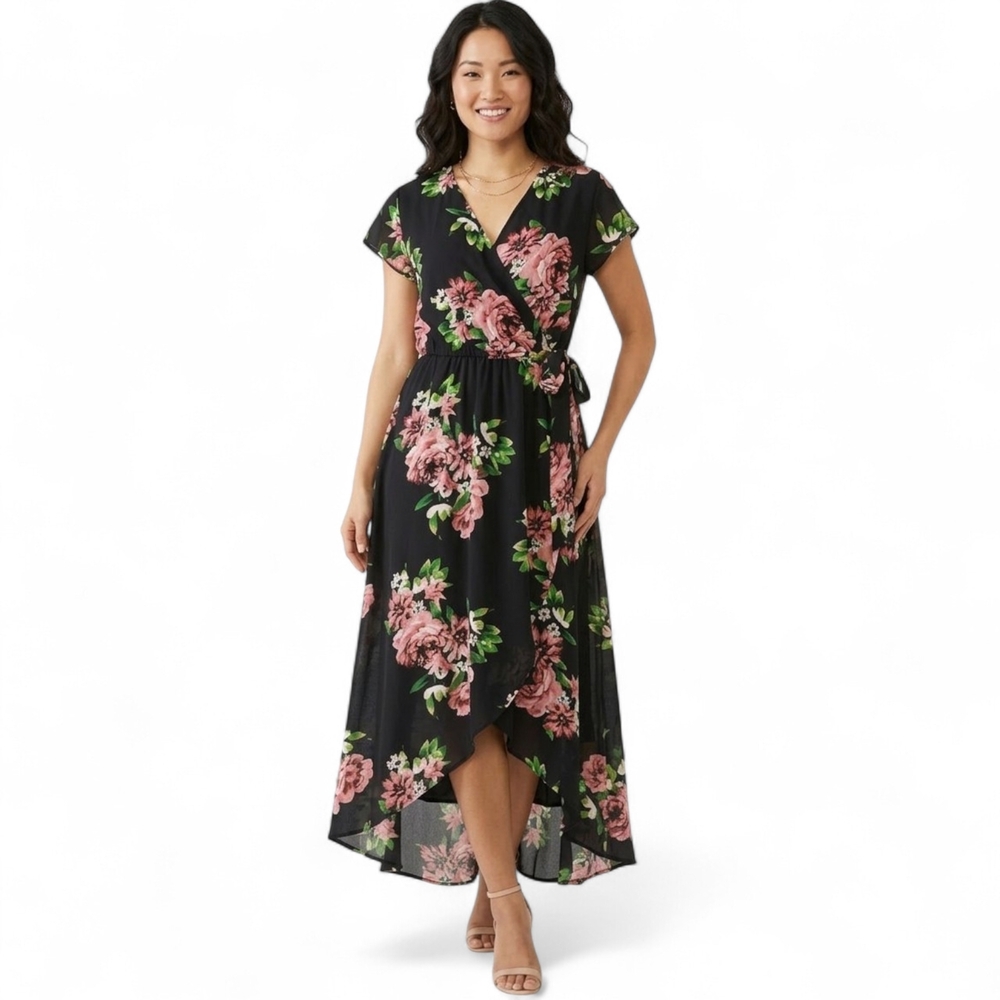 Scobe Floral Faux Wrap Maxi Dress High Low Chiffon Pink Rose Black Size Medium